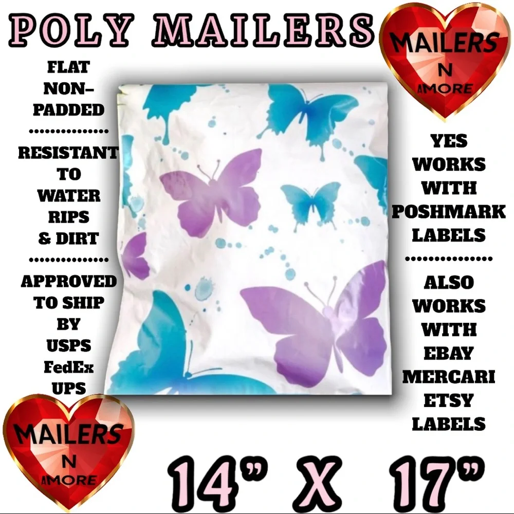 ( Quantity 25 14x17 ) Butterfly Watercolor Poly Mailers Bags Shipping Envelopes - Picture 3 of 3